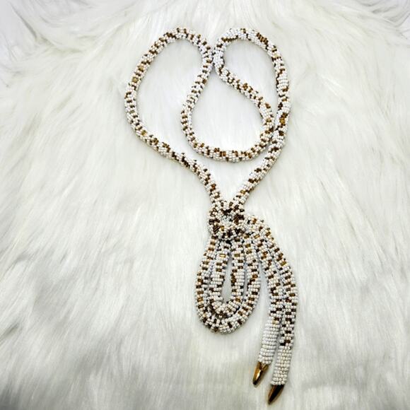 None and/or Unknown Jewelry - Vintage White and Gold Tone Beaded Braided Necklace Extra Long 21" L